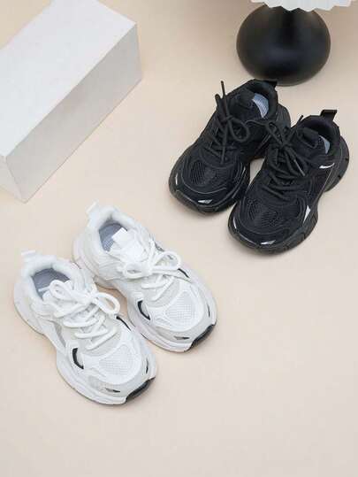 1 Pair Soft Sole Anti-Slip Mesh Breathable Closed-Toe Lace-Up Sports Shoes For Toddler Boys & Girls, Comfortable Versatile Casual Running Sneakers, Suitable For All Seasons