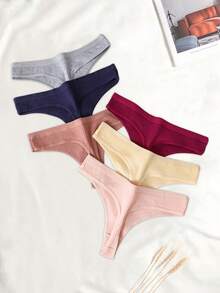 6pcs/Set Ribbed Comfortable G-String T-Back Thong Seamless Panties, Sexy Comfortable Triangle Women's Underwear - Multicolor - View 5