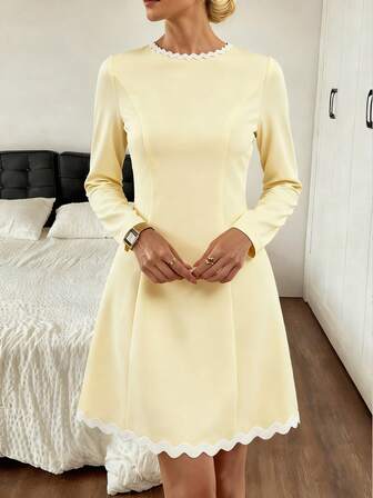 女士温柔优雅纯色修身短裙 - 长袖、蕾丝、蕾丝边领口和 A 字廓形，适合日常工作、购物、约会、派对、圣诞节和返校