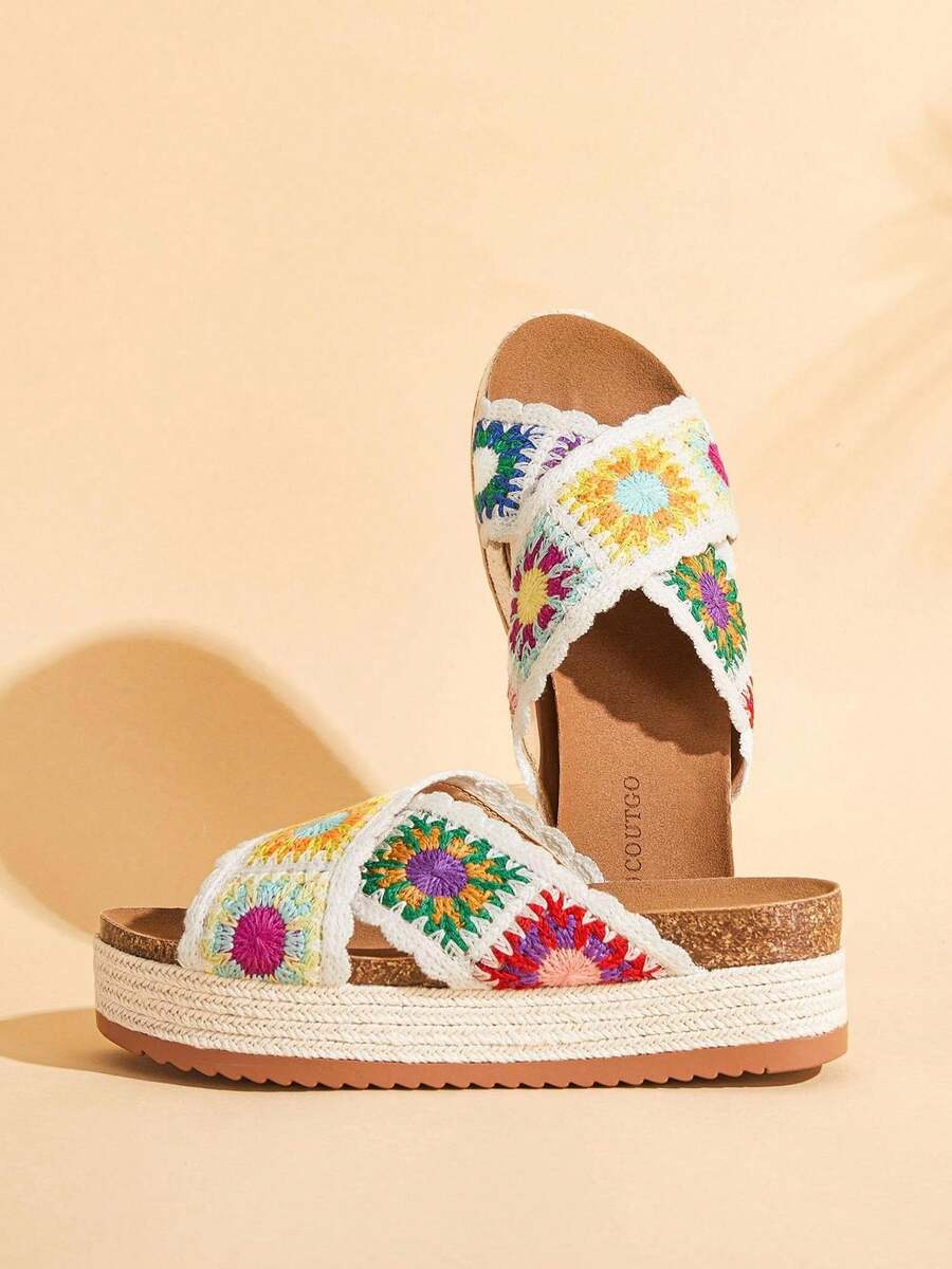 Women's Platform Espadrille Sandals With Floral Crochet Cork Sole For Walking, Beach And Daily Summer Wear Shoes Christmas Gift & New Year Gift - 米色 - 查看 1