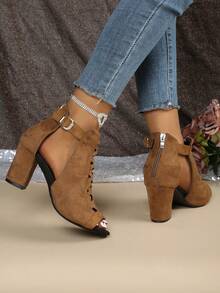 Women's High Heel Sandals, Casual Hollow Out Open Toe Peep-Toe Chunky Heel Shoes - Khaki - View 5