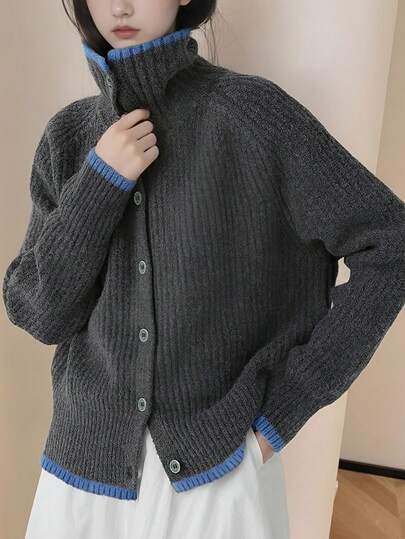 Alicedudu 女士休闲复古风格撞色饰边针织开衫，秋冬