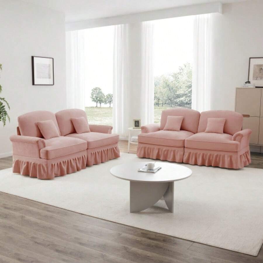 Elegante sofá de dos plazas en forma de L de mediados de siglo con chenilla con Trichter-Armlehnen, abnehmbarer Rüschenschürze, spindelförmigen Beinen & beweglichem Hocker,weiß - Rosa - Ver 1