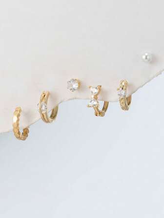 Shescity 6件套 时尚精致仿珍珠蝴蝶结心形耳环（女士单只）