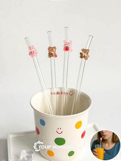 1 Stück/2 Stück/5 Stück/1 Set/2 Set wiederverwendbare Glas-Trinkhalme mit Kaninchen/Bär Charm, für Wassergläser, süße transparente gebogene Glas-Strohhalme, für Smoothies, Milchtee, Saft, Cocktails, kalte Getränke, Party-Zubehör, farbenfrohe süße Cartoon-Design gebogene Glas-Strohhalme, wiederverwendbar, Schulmaterial, für die Abschlusszeit, Vatertags-Geschenk.