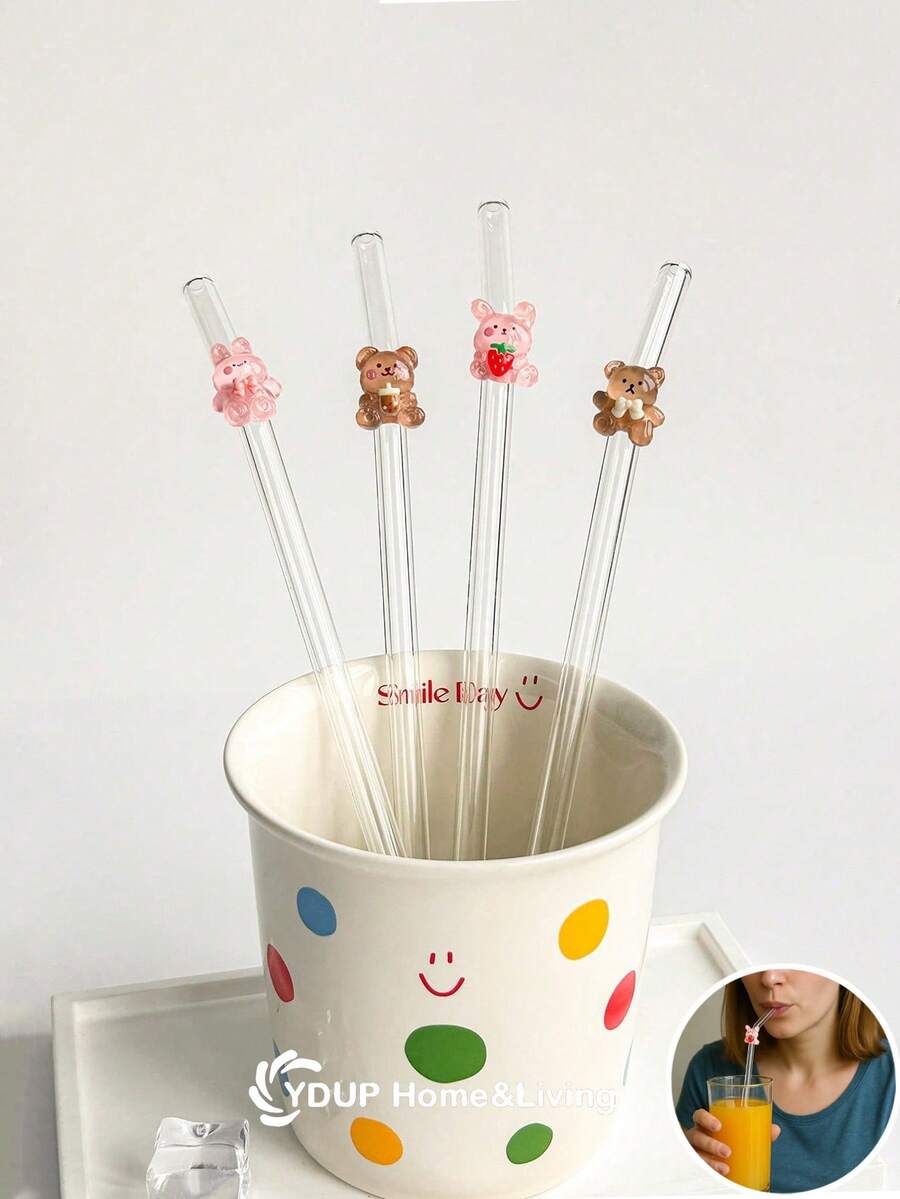 1 件/2 件/5 件/1 套/2 套可爱卡通兔子/熊玻璃吸管，适用于水杯，透明可重复使用的弯曲玻璃吸管，适用于冰沙、奶茶、果汁、鸡尾酒、冷饮、派对用品，彩色可爱卡通设计形状弯曲玻璃吸管可重复使用的学校/夏季用品，适用于毕业季、父亲节礼物。