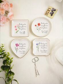 个性化花卉首饰托盘 - 定制水彩花卉陶瓷戒指托，定制首饰托盘，个性化结婚戒指碟，送给她的生日礼物，伴娘邀请礼物，独特首饰收纳，友谊礼物，适合在生日、婚礼、周年纪念日、伴娘邀请函以及家庭/办公室等场合展示首饰。 - 彩色 - 查看 8