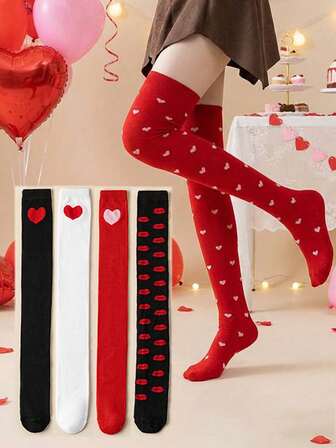 1 双情人节派对长筒袜，红色心形嘴唇直筒过膝长筒袜，女士和女孩长筒袜，情人节节日装饰和配饰