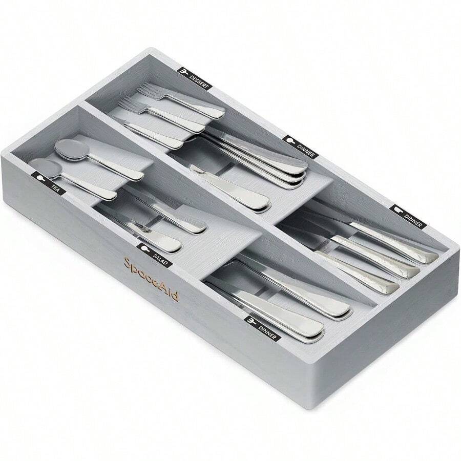 WSXC Bamboo Silverware Drawer Organizer With Labels Kitchen Utensil Tray Holder Organizer For Flatware Cutlery Spoon And Knives Drawer Storage Organization Gray 6 Slots - Gray - View 1