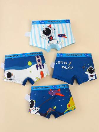 4pcs/Pack Young Boy Breathable Cartoon Astronaut & Space Print Underwear Shorts, Comfortable