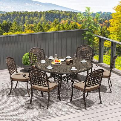 Outsunny 7 Pieces Cast Aluminum Patio Dining Set For 6, Patio Table And Chairs With Umbrella Hole And Cushions, Outdoor Furniture Dining Set For Garden Backyard Poolside, Bronze