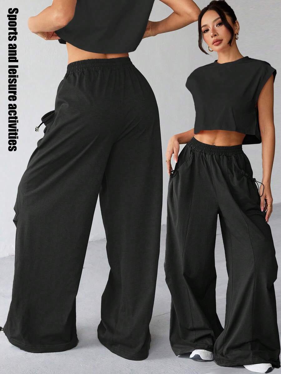 Damskie luźne spodnie cargo z elastyczną talią i kieszeniami, odpowiednie na fitness, na zewnątrz, do tańca, do pracy, na każdą porę roku