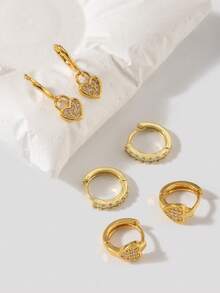 Conjunto de 6 brincos em formato de coração cravejados de strass, com argolas clássicas e redondas. Acessório de joalheria de luxo para mulheres, ideal para uso diário, presente para o Dia dos Namorados, para mães e outras ocasiões especiais. - Ouro amarelo - Ver 6