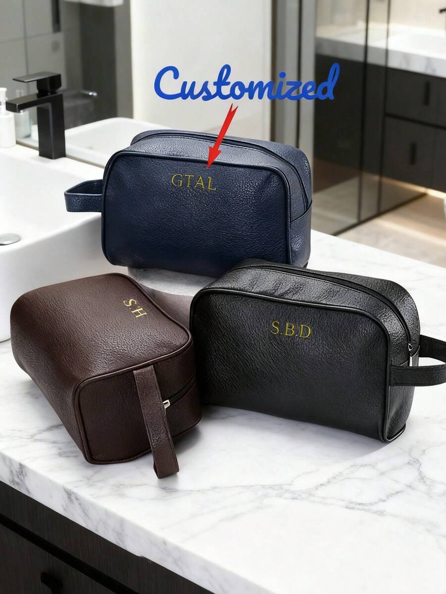1 pièce Sac de maquillage personnalisé en PU pour hommes, sac de rangement multifonctionnel pour brosse à dents, sac cosmétique grande capacité avec nom ou lettres personnalisés pour hommes - Multicolore - Voir 1