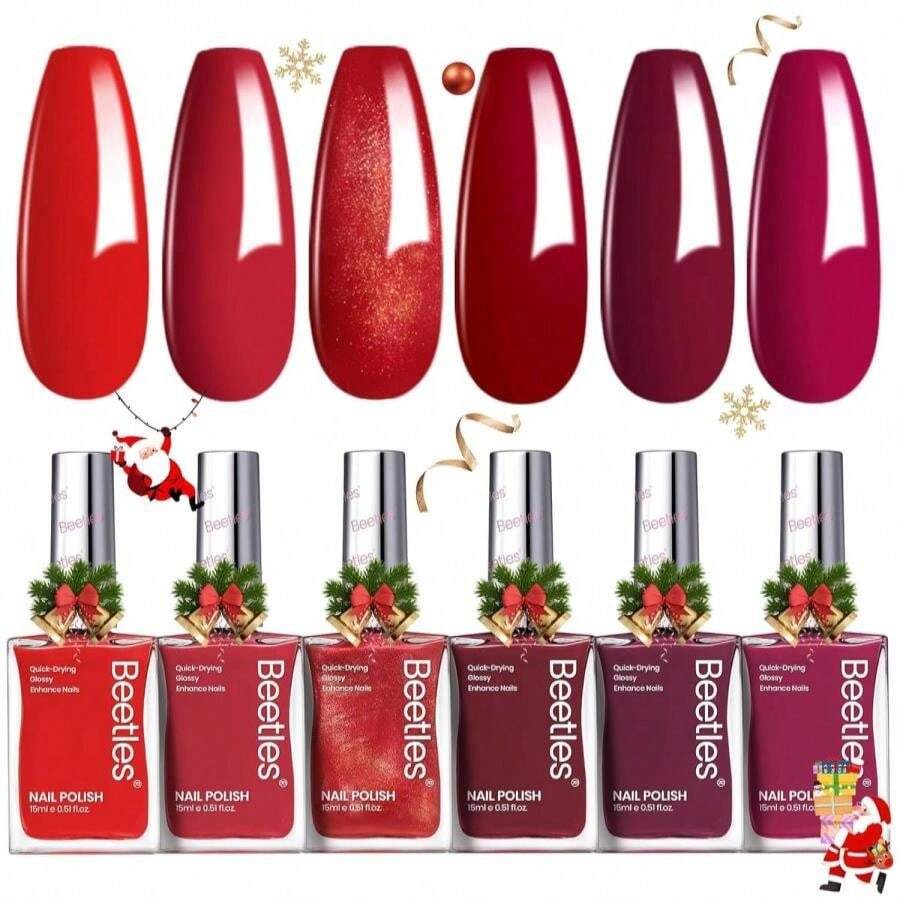 Beetles Red Nail Polish Set Blazing Rose, 6 Colors Dark Red Burgundy Nail Polish Glossy 15ml Enhance Nails Quick Dry Fingernail Polish For Nail Art Manicure DIY At Home Christmas Gifts For Women - Màu be - Xem 1