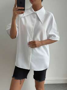 QIANZHIDU Pure Women's Fashion Shirts 2024 Spring Summer Autumn Elegant Half Sleeve Button Up Shirt Office Beautiful Blouse For Women Tops Summer Outfits For Women Spring Outfits For Women Summer Tops Valentine's Day And New Year Outfits - White - View 4