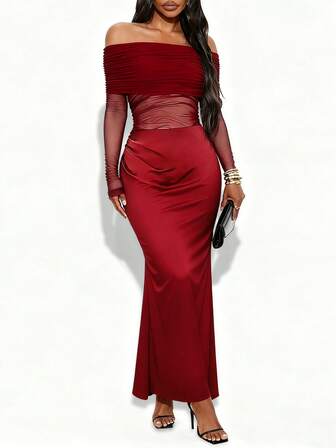 Enfärgad Satin & Mesh Splice Sexig Off Shoulder Maxiklänning