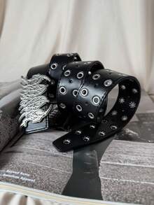 Plus Size Men's Belt, Leopard & Zebra Print Belt, European & American Street Style Goth Punk Inspired, American Cowboy Hip Hop, Hollow Out Rivet Black Leather Belt With Letter Flame Metal Buckle, Versatile For Hoodies, Jeans, Unisex - Multicolor - View 7