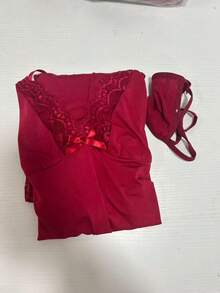 1pc Sexy Lace Trimmed Milk Silk Nightgown, Comfortable Lingerie For Going Out - 酒紅色 - 查看 6