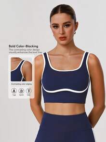 Sodalemon Áo ba lỗ thể thao cổ chữ U màu tương phản dành cho nữ tập gym, yoga, chạy bộ, chạy bộ - Màu xanh hải quân - Xem 3