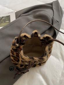 1pc Women's Colorblock Leopard Faux Fur Drawstring Bucket Bag, Fashion Bow Decor, Suitable For Commuting, Shopping, And Gift - Multicolor - View 6