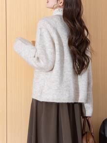 Alicedudu Áo khoác cardigan cổ tròn thiết kế nút sừng phong cách nghệ thuật cổ điển dành cho nữ, mùa thu/đông - Màu be - Xem 3