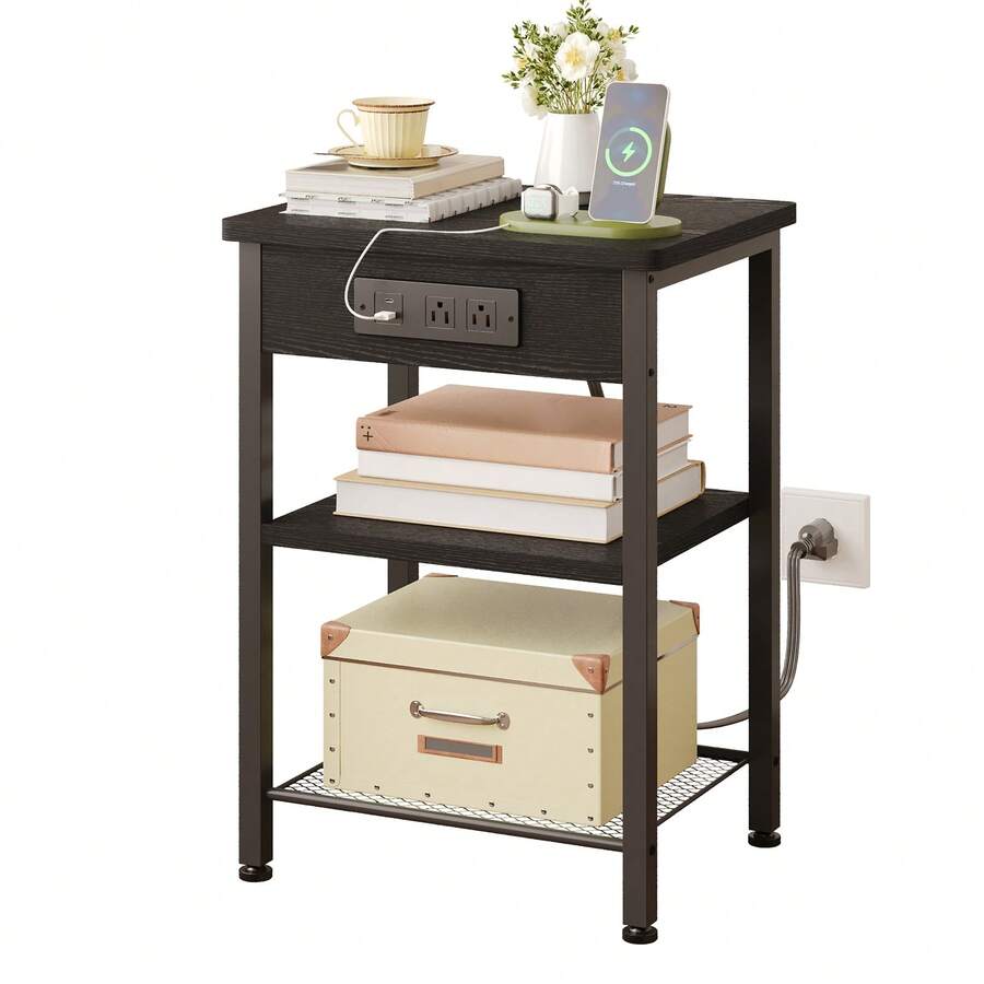 Tomnk Slim Bedside Table With Charging Station, 3-Tier Nightstand For Small Spaces, With Fabric Drawer & LED Light, Space-Saving Bedroom Furniture - 美規B型插(110-127V) - 查看 1