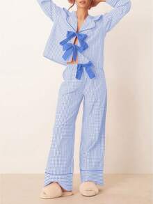 Conjunto de pijama de dos piezas para mujer con estampado Buffalo Plaid, estilo lounge, manga larga, camisa con lazo y pantalones anchos, estilo Y2k. Ropa de dormir. - Azul celeste - Ver 1