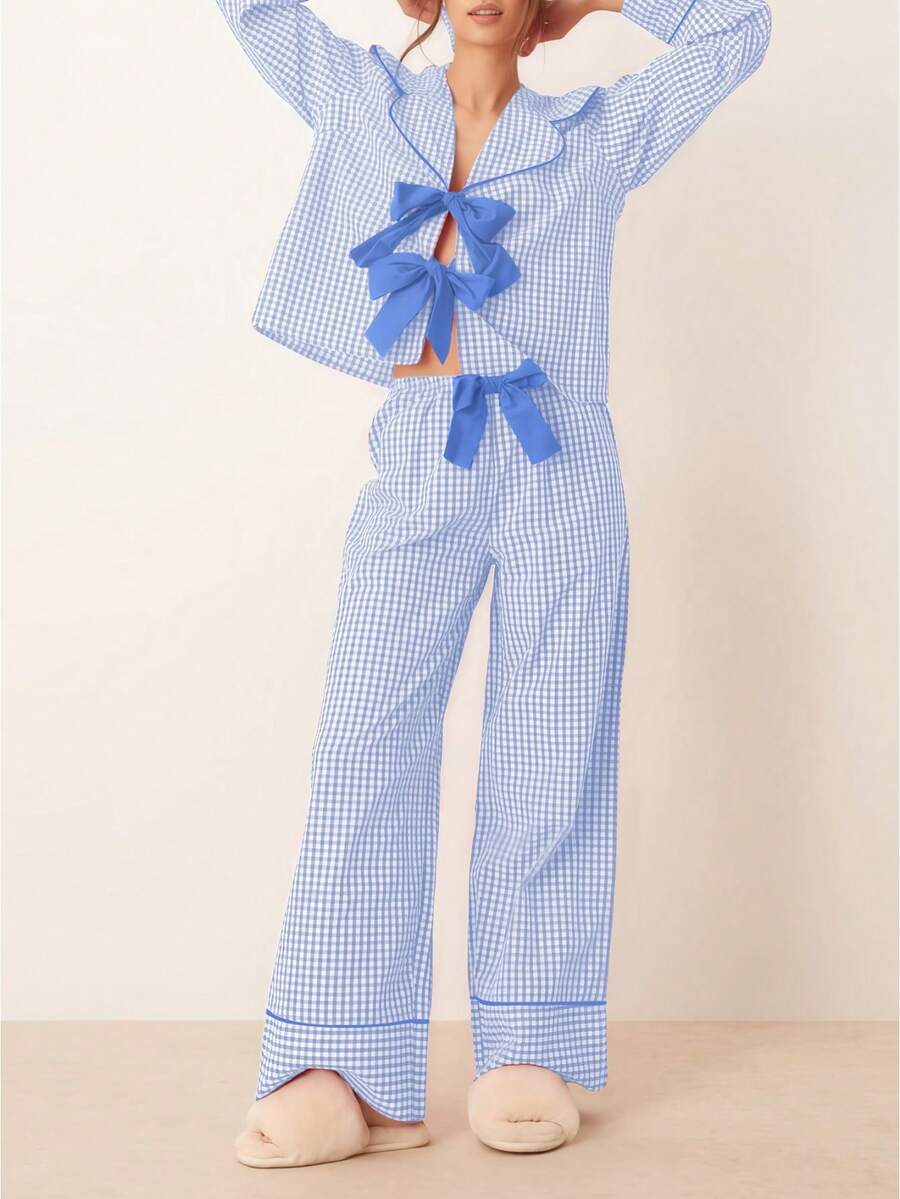 Conjunto de pijama de dos piezas para mujer con estampado Buffalo Plaid, estilo lounge, manga larga, camisa con lazo y pantalones anchos, estilo Y2k. Ropa de dormir. - Azul celeste - Ver 1