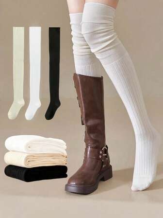 1 Pair Sweet & Simple Solid Color Loose Over-The-Knee Long Socks, White/Beige/Black, Versatile For Autumn/Winter