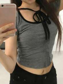 夏季新款时尚系带露背条纹短袖T恤，修身露脐百搭上衣 - 灰色 - 查看 8