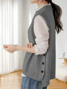 舒适袖口针织背心 - 柔软、无袖、纯色针织背心，适合春秋季穿着，舒适休闲，适合日常穿着。 - 灰色 - 查看 2