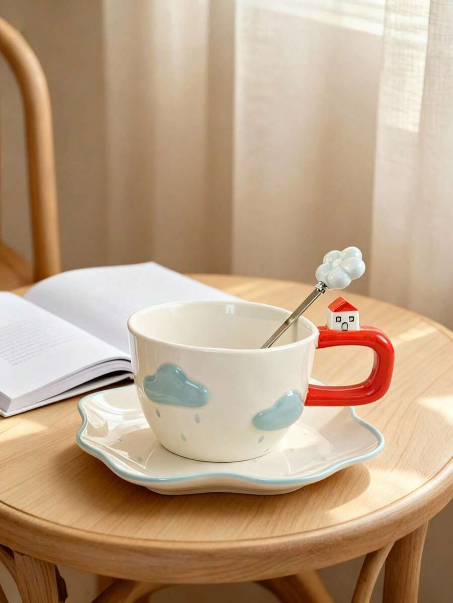 1 Set kreative handgeformte Relief-Keramiktasse & Untertasse mit Wolkenmotiv, handbemalt - Weiss - Übersicht 1