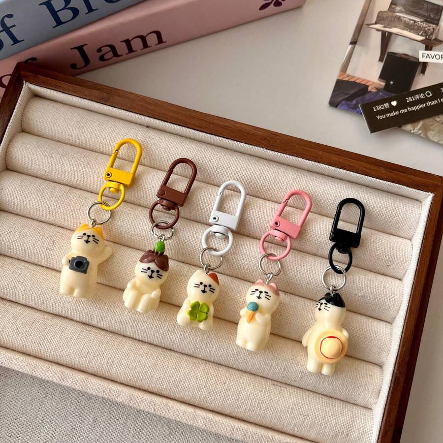 5pcs Japanese Style Playful Cat Keychains, Cartoon Animal Resin Decor Accessories, Durable Keyring With Lobster Clasp, Decorative Birthday Gift Keychain Set For Bags And Car Keys