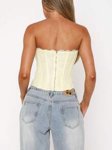 Women's Lace Up Rhinestones Corset Tops Heart Cutout Floral Embroidery Strapless Boned Bandeau Bustier Top - 杏色 - 查看 9