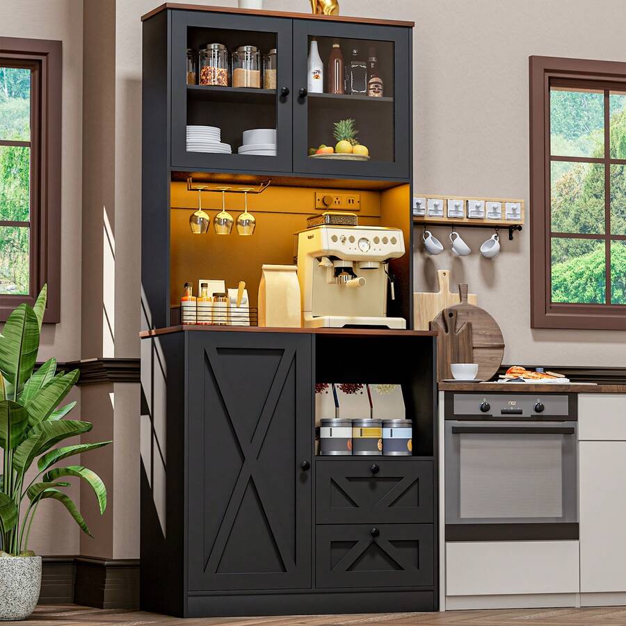 71'' Kitchen Pantry Storage Cabinet With LED Lights And Power Outlet, Tall Farmhouse Kitchen Hutch With Microwave Stand,Drawers, Globet Hooks And Adjustable Shelves For Dining Living Room - 黑色 - 查看 1