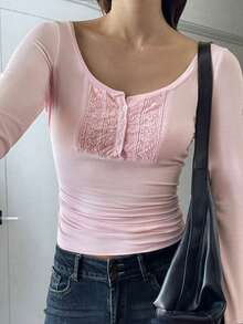阳光女孩风格夏季女装返校蕾丝拼接半开领纽扣设计休闲修身长袖粉色针织T恤 春季 - 粉色 - 查看 8