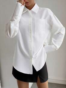QIANZHIDU Elva Women's Solid Color Loose Long Sleeve Business Interview Commute Casual Minimalist Shirt, Suitable For Back To School, Graduation, Office, Spring, Summer, Autumn Wear, Simple And Elegant, Suitable For Spring, Summer, Autumn. Loose Shirt, Women's Clothing For Spring, Summer, Autumn, Elegant Women's Wear. Valentine's Day, New Year Outfit - White - View 8
