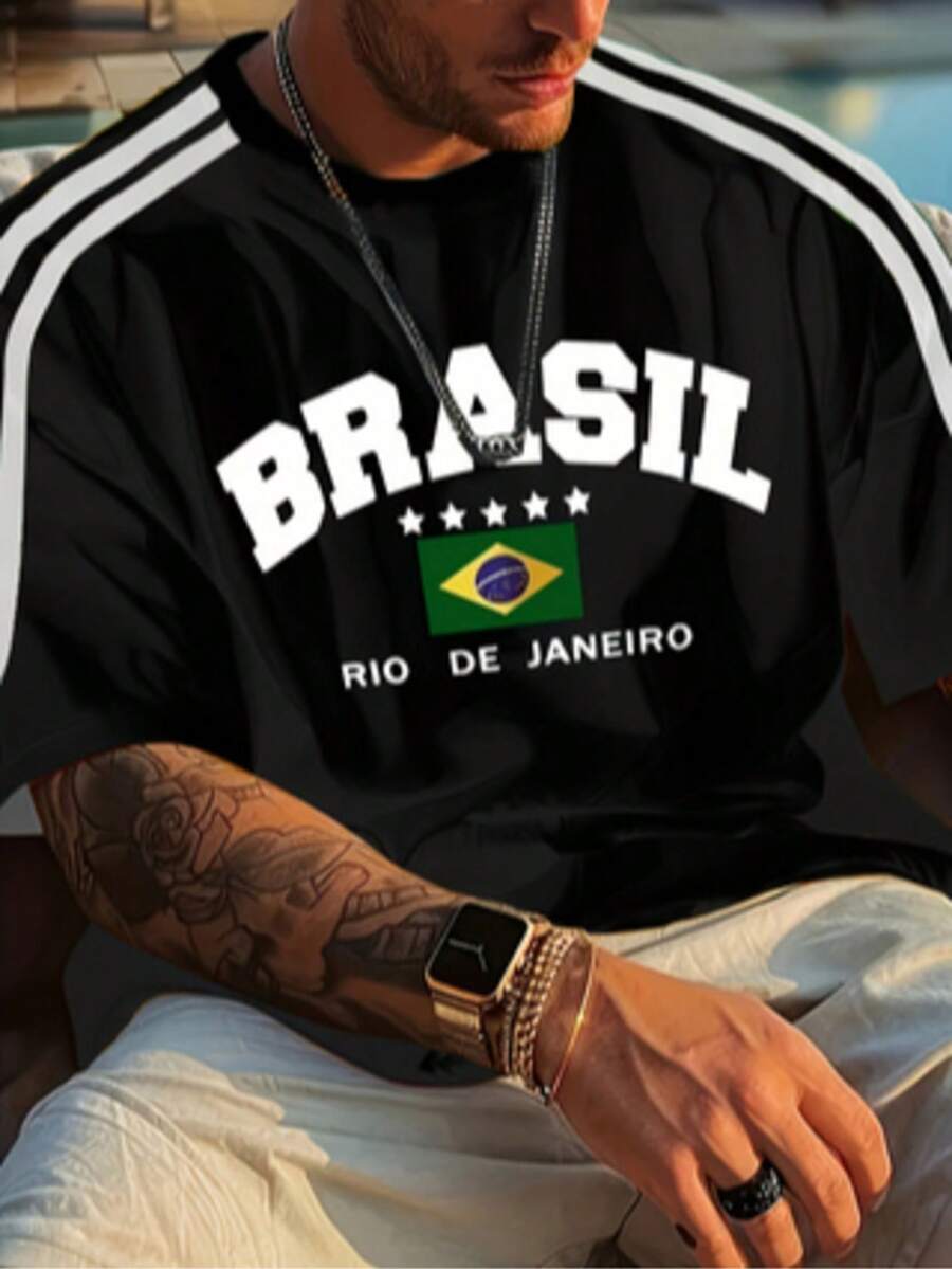 男士加大码休闲短袖圆领T恤 - 彩色“BRASIL”图案设计，适合夏季或日常穿着