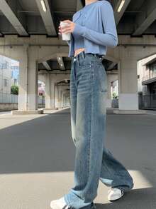 YEAE | 女士休闲直筒牛仔裤，带纽扣和拉链细节，长款无弹力面料，适合日常风格 - 霧霾藍 - 查看 4