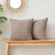 Volcanics Pack Of 2 Corduroy Decorative-Throw-Pillow-Covers-18x18, Soft Striped Square Cushion Cases, Modern Farmhouse Boho Home Decor, Mocha Brown,18inchx18inch(Packof2),MochaBrown - 摩卡布朗 - 查看 4