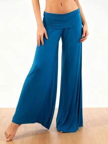 Womens Foldover Pants - Ultra Soft Stratum Tech Performance Elastic Mid Rise Wide Leg Casual Lounge Yoga Pants - Blue - View 2
