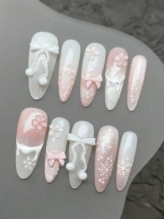 10pcs/Set Handmade Acrylic Press On Nails Long, Thin, High-Heeled Fingernails ,Snowflake Pattern Fake Nailsd Fake Nails,Five Petal Flower Fake NailsBow Shaped Fake Nails,Cute Nails,Long Nails,Detachable Fake Nails, Nail Supplies Nail Art,Suitable For Party, Dance, Daily Wear, Student Party, Press-On And Reusable, With Jelly Glue And Nail File DIY Nail Supplies