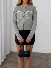 2026 Autumn/Winter New Fashion Shiny Bow Rhinestone Buckle Embellished Daily Date Exquisite Sweet & Cool Home Round Neck Long Sleeve Women's Cardigan Sweater, Halloween Saudi National Day Outfit, Elegant Party, Outing Attire, Graduation Dress, New Year Look, Elegant Ball - Grey - View 5
