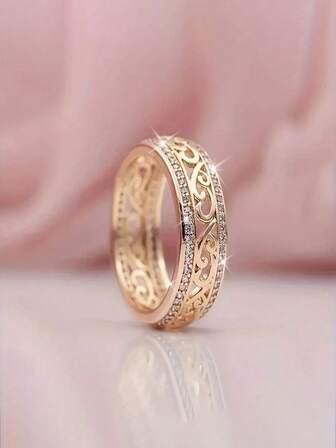 1pc Zirconia Ring, Delicate Women's Double Row Pave Diamond Hollow Luxury Rose Gold Ring Jewelry, Exquisite Minimalist Zirconia Jewelry, Fashionable Dual-Tone Zirconia Embedded Ring For Women