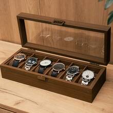 Personalized Watch Box, Customizable Engraved Watch Organizer With Glass Lid, Exquisite Watch Stand, Men's Watch Organizer, A Gift For Husband, Boyfriend Or Father. Watch Organizer. Stylish Box For Holidays. A Multi-Functional Storage Box Combining Jewelry And Watch Storage, Suitable For Desktops And Drawers. - Coffee Brown - View 3