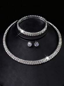 Women Alloy Pendant Necklace Bracelet Earrings Set For Wedding Bridal 3 In 1 Vintage Jewelry Set - Bạc - Xem 3