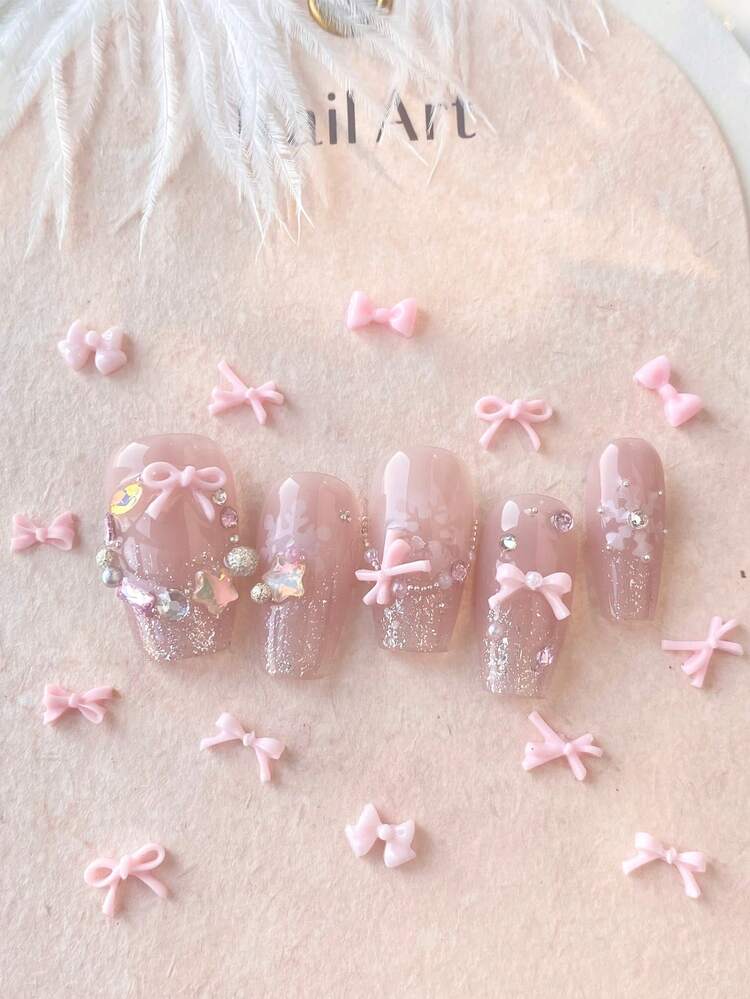 100pcs/Pack Pink Bow Nail Art Decorations, Cute Nail Jewelry DIY Nail Accessories Nails Nail Supplies - Pink - View 2