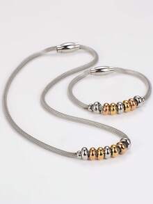 2pcs Minimalist Stainless Steel Beaded Necklace & Bracelet Jewelry Set, Couples Accessories For Daily Wear - Multicolor - View 6