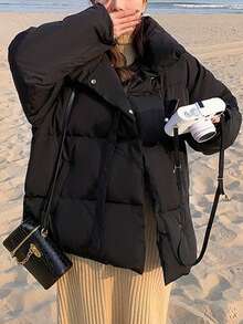 Versión coreana corta de la chaqueta de algodón de plumón chaqueta de algodón estudiantes pan ropa chaqueta Abrigo de algodón de moda invernal para mujer: chaqueta corta de algodón rellena de plumón estilo coreano Abrigo estilo pan de estudiante: chaqueta de algodón gruesa, cálida y holgada con cierre de hebilla diagonal - Negro - Ver 2